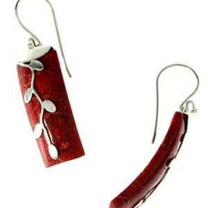 Red Coral 925 Sterling Silver Earrings 1-5/8" from Bali Indonesia